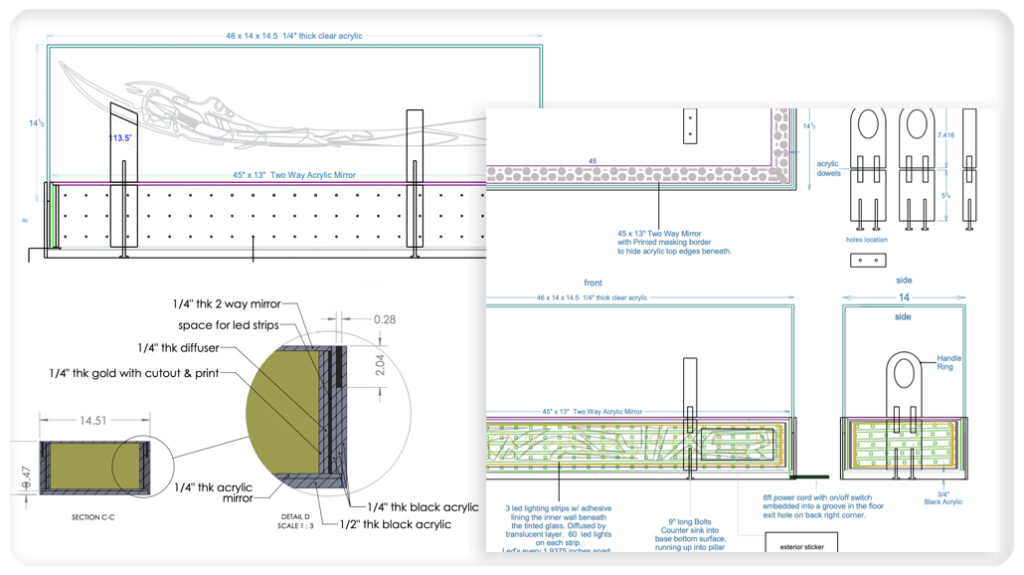 cad drawings and technical blueprints for lokis scepter display case for marvel by Adam Jarvis