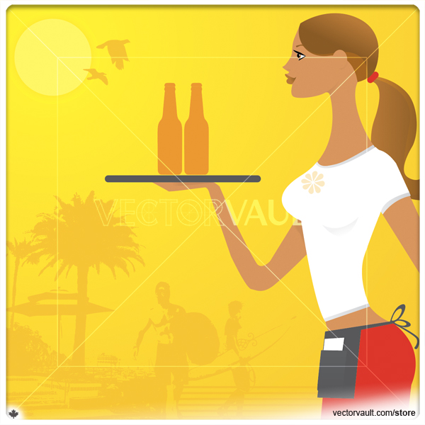 Vector woman waitress serving beer on the beach illustration